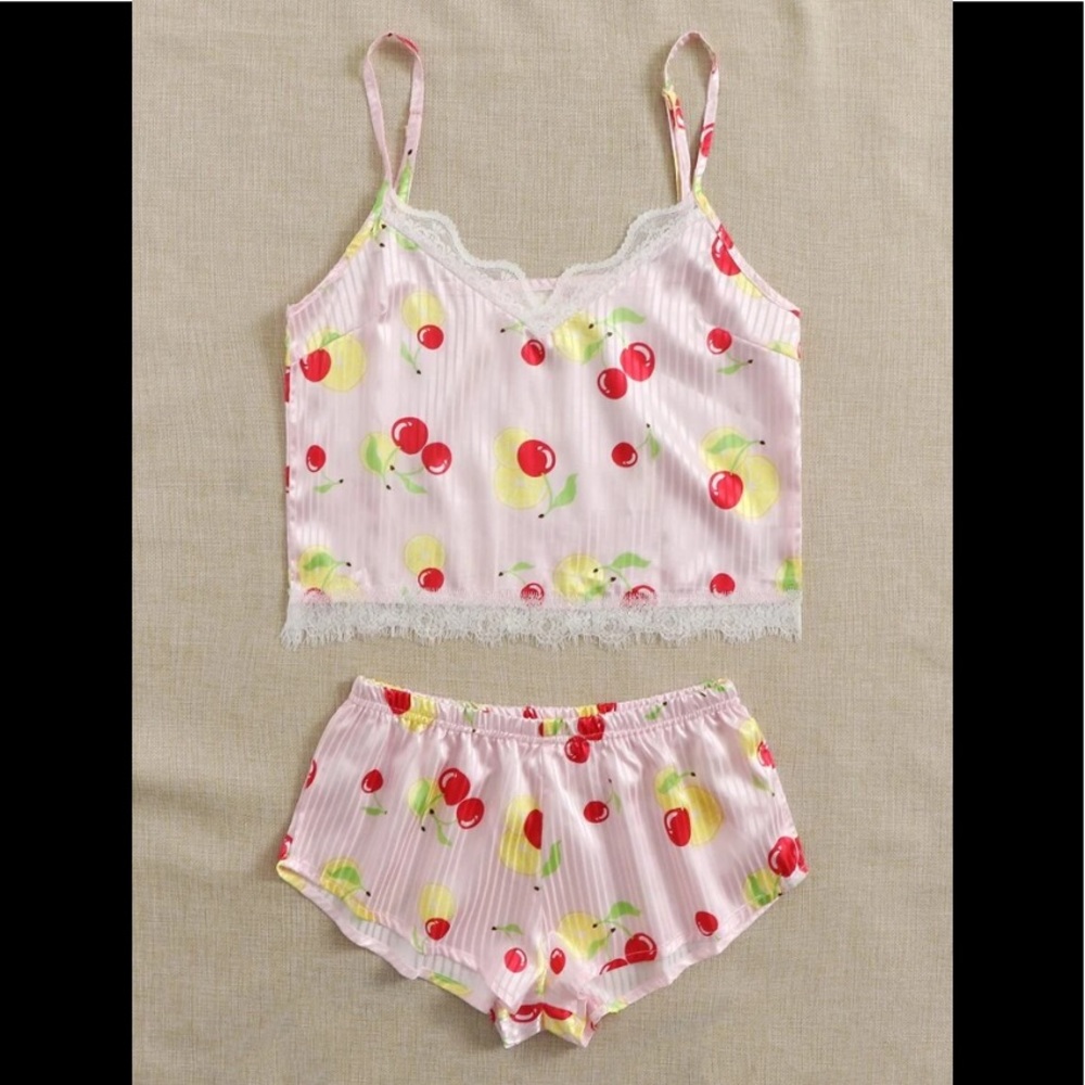 Pink Satin Deep V Pin Strips Cherry Lace Trim Crop Cami Top & Short Pajamas